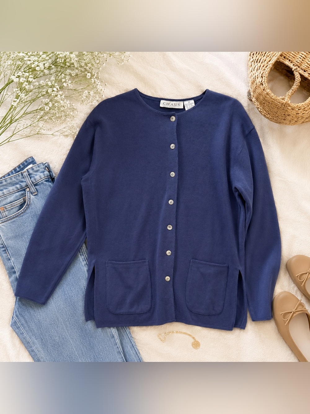 Vintage Chaus Sport Navy Blue Button Front Cardigan Sweater M